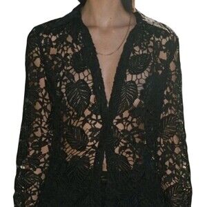 Nili Lotan Sexy Black Open Lace Crochet‎ Designer Long Sleeve Blouse $695